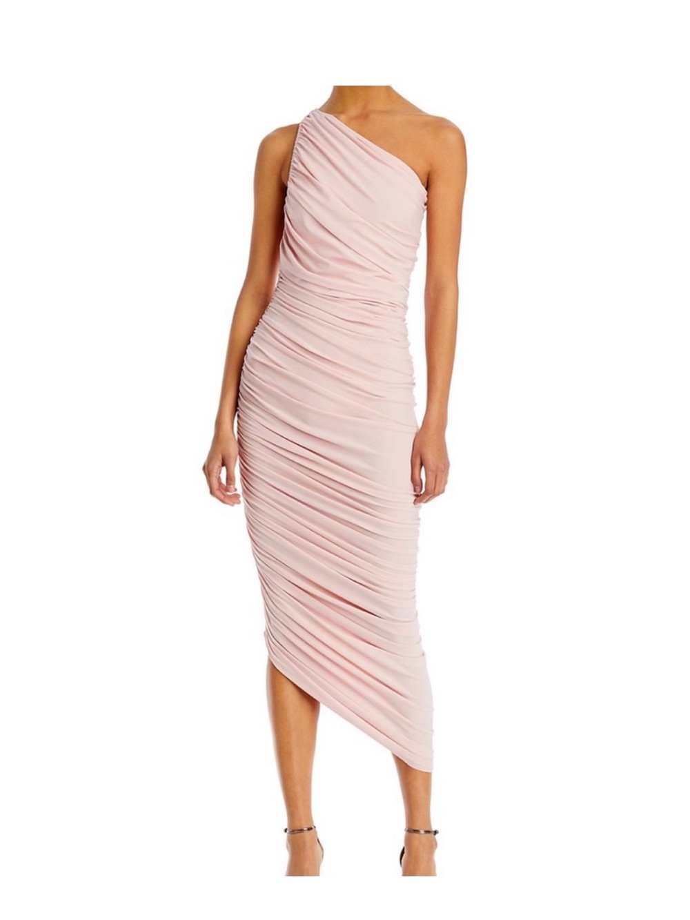 Norma Kamali One-Shoulder Ruched Midi Dress in Blush Pink
